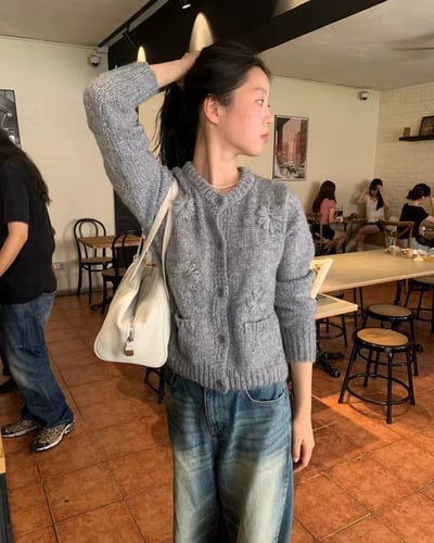 手工繡花開襟外套-灰2