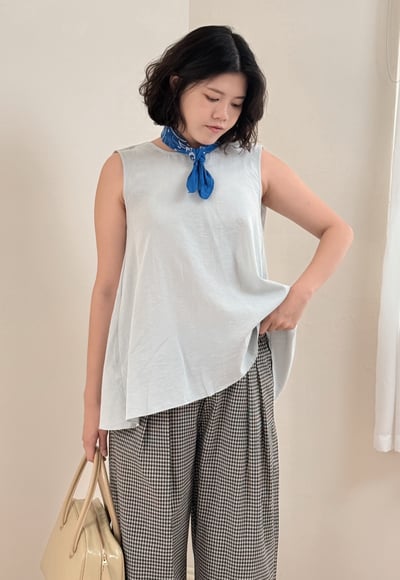 紐結美背長版上衣-灰藍2