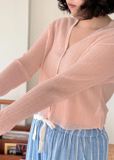 亞麻天絲坑條開襟衫-粉4