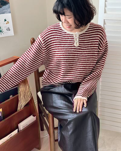霧絨條紋毛衣-紅4