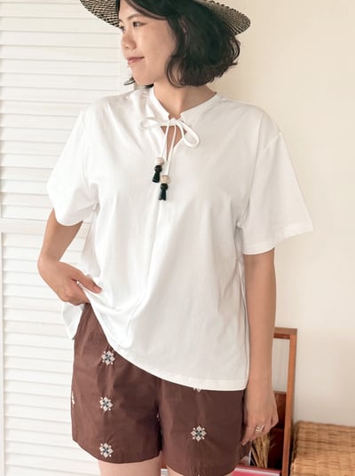 前後穿寬鬆串珠Tee-杏2