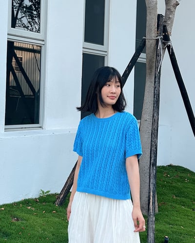 witharch鏤空麻花上衣-藍5