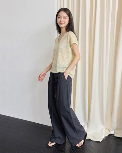 亞麻花邊法式tee-黃4