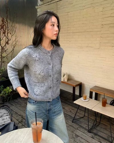 手工繡花開襟外套-灰4