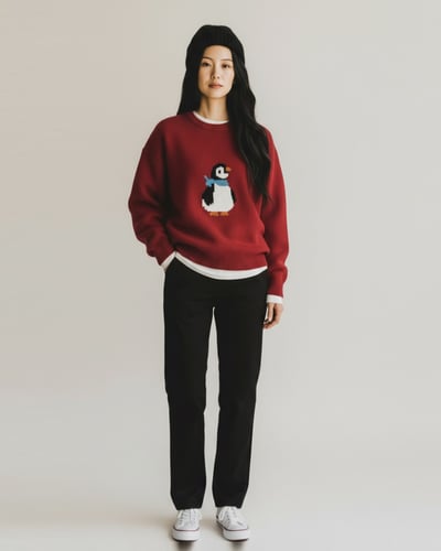 法式企鵝緹花毛衣-紅3