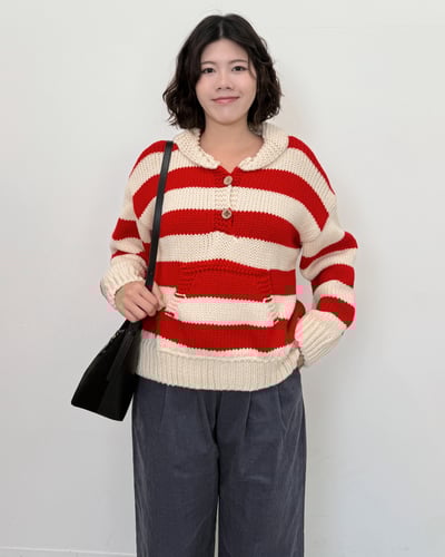 北歐粗針條紋毛衣-紅5