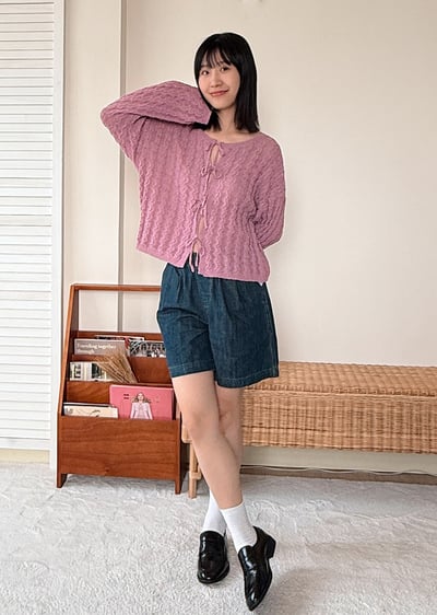 witharch前後穿綁帶開襟衫-粉紫6