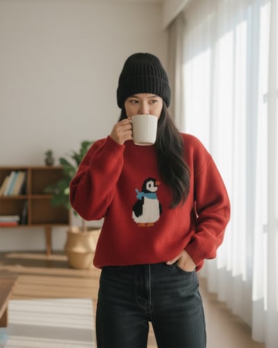 法式企鵝緹花毛衣-紅2