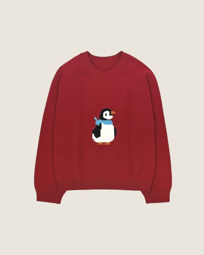 法式企鵝緹花毛衣-紅1