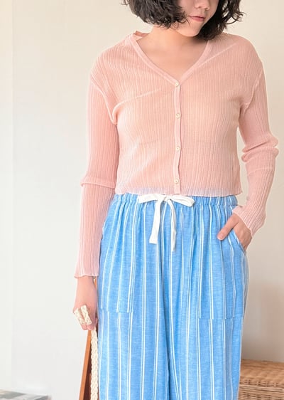 亞麻天絲坑條開襟衫-粉3