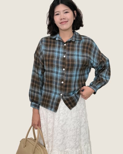 磨毛格紋襯衫-藍咖1