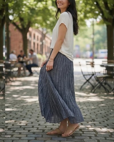 柔霧壓摺鬆緊裙-灰藍2