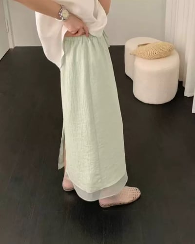 波紋層次紗長裙-綠5