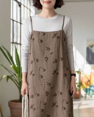 暮霧花朵吊帶洋裝-咖3