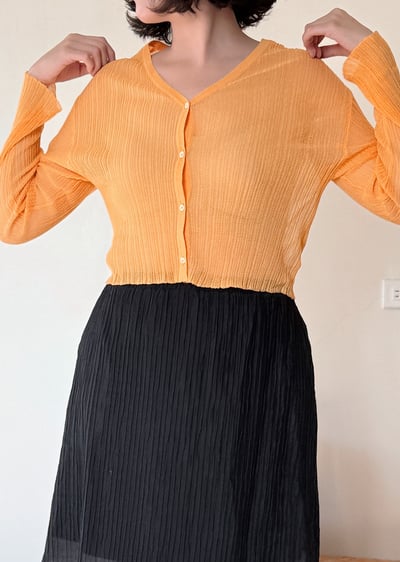 亞麻天絲坑條開襟衫-橘2