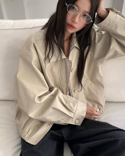 鞣革翻領拉鏈夾克-杏1