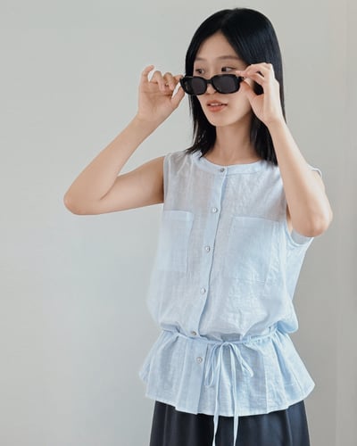 綁帶雙口袋薄上衣-藍1