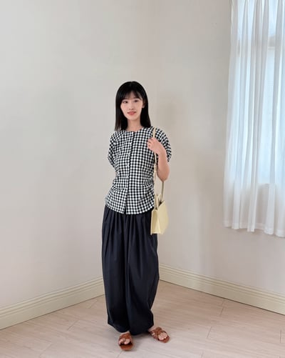 氣質苞袖顯瘦釦衫-黑格2