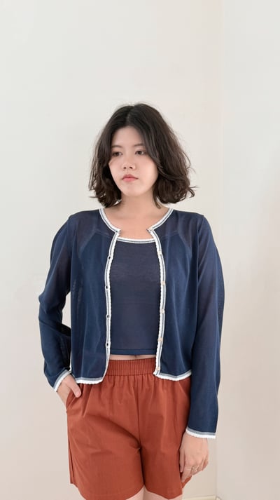 亞麻撞色開襟外套-深藍2