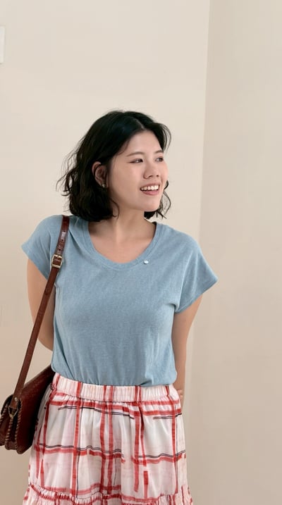 天絲亞麻U領Tee-藍2