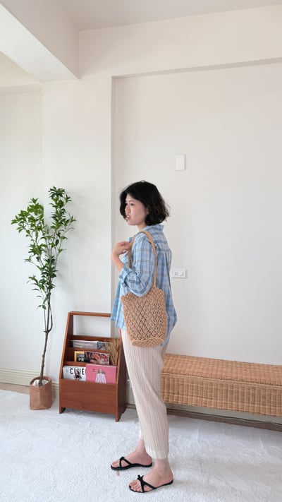 壓褶鬆緊萬能褲-杏3