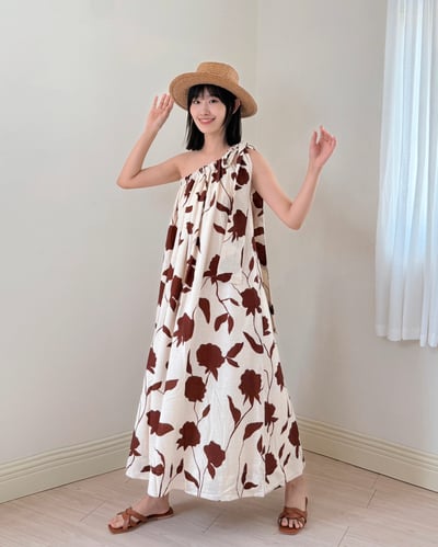 高級亞麻花片單肩洋裝3