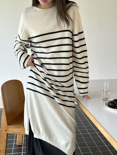 3D法式條紋洋裝-杏1