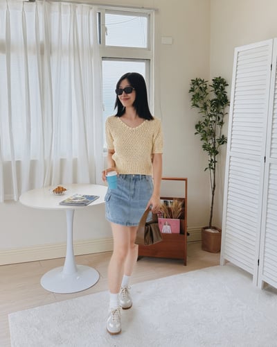 優雅粗織短袖針織衫-黃7