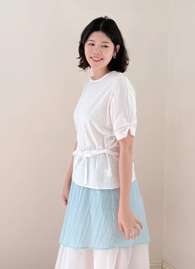 柔霧連袖綁帶上衣-杏1