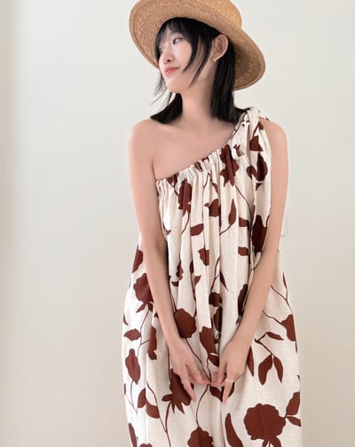 高級亞麻花片單肩洋裝2