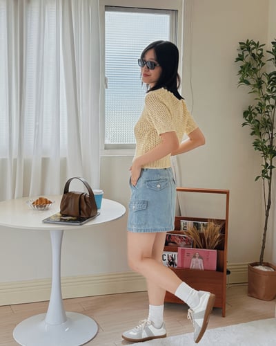 優雅粗織短袖針織衫-黃3