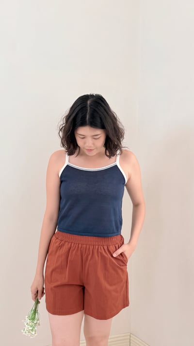 亞麻撞色背心-深藍2