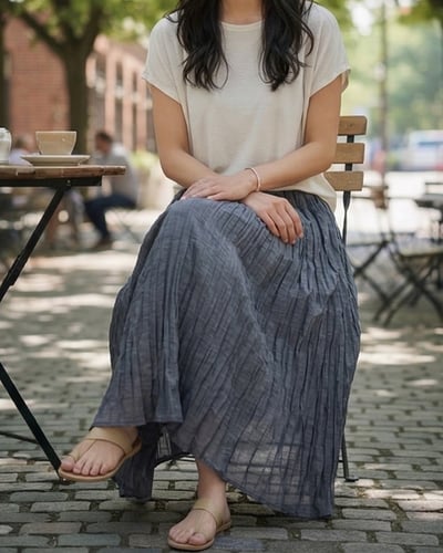 柔霧壓摺鬆緊裙-灰藍3