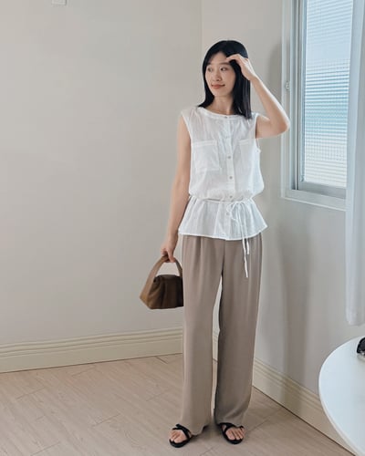 綁帶雙口袋薄上衣-白2