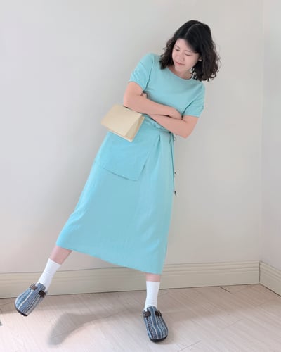 南法純色層次洋裝-藍1