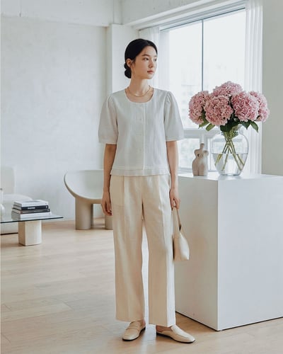 直紋緹花苞袖釦衫-杏2