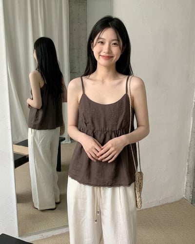 刺繡花邊吊帶背心-深棕2