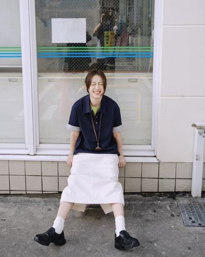 日系POLO領短袖上衣-深藍2