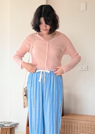 亞麻天絲坑條開襟衫-粉2