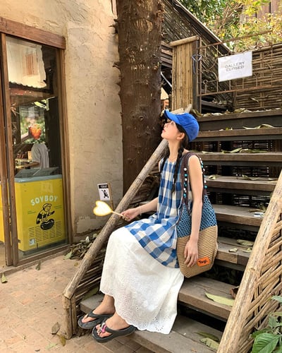 日和格紋無袖上衣-藍5