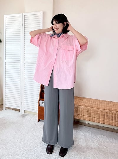 高質感口袋短袖襯衫-粉3