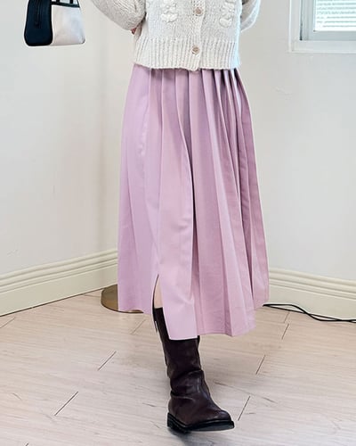 櫻花寬百褶裙-粉1