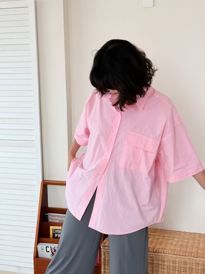 高質感口袋短袖襯衫-粉5