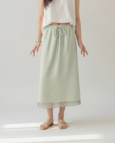 波紋層次紗長裙-綠1