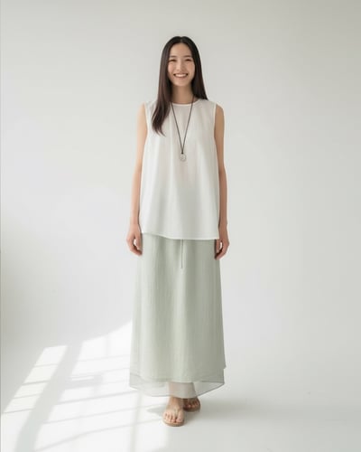 波紋層次紗長裙-綠2