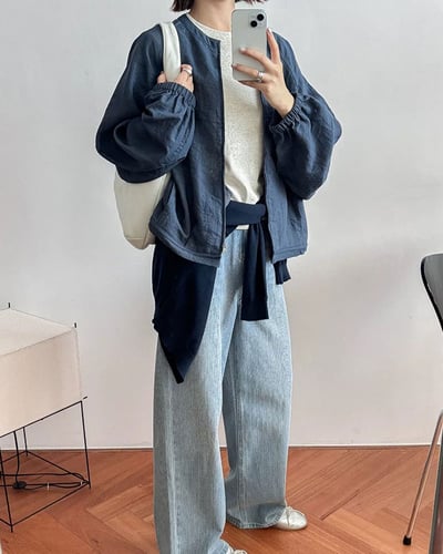 亞麻摩登拉鍊外套-藍5