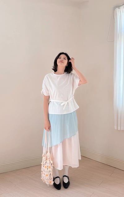 柔霧連袖綁帶上衣-杏3