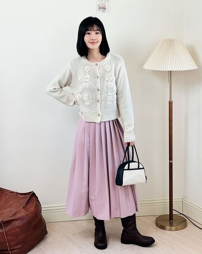 櫻花寬百褶裙-粉2