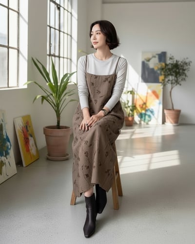 暮霧花朵吊帶洋裝-咖2