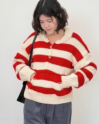 北歐粗針條紋毛衣-紅1